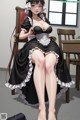 A woman in a maid outfit sitting on a chair.