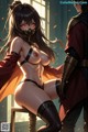 a sexy anime girl with a mask and a man in a red cloak