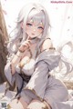 Anime girl with long white hair and blue eyes sitting on a bed.