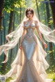 A woman in a wedding dress standing in the woods.